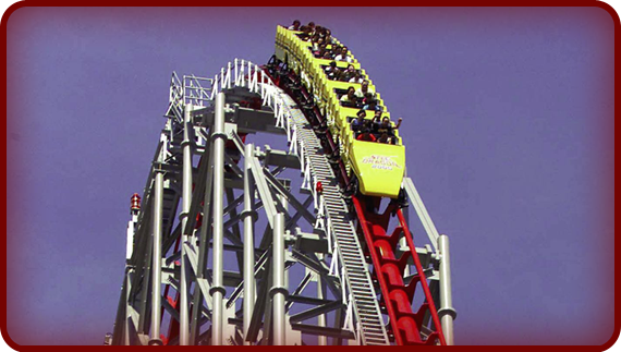 Many roller coasters use a motor and a long chain to get the cars to the top of the first hill. Once they are there, the force of gravity pulls the cars back down the hill.